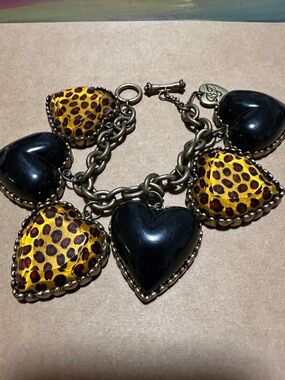 Betsey Johnson Black and Yellow Leopard Heart Charm Bracelet - Toggle Chain